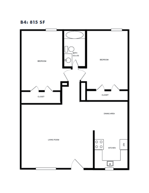 Floor plan for 2 beds, 1 bath, 815 sqft